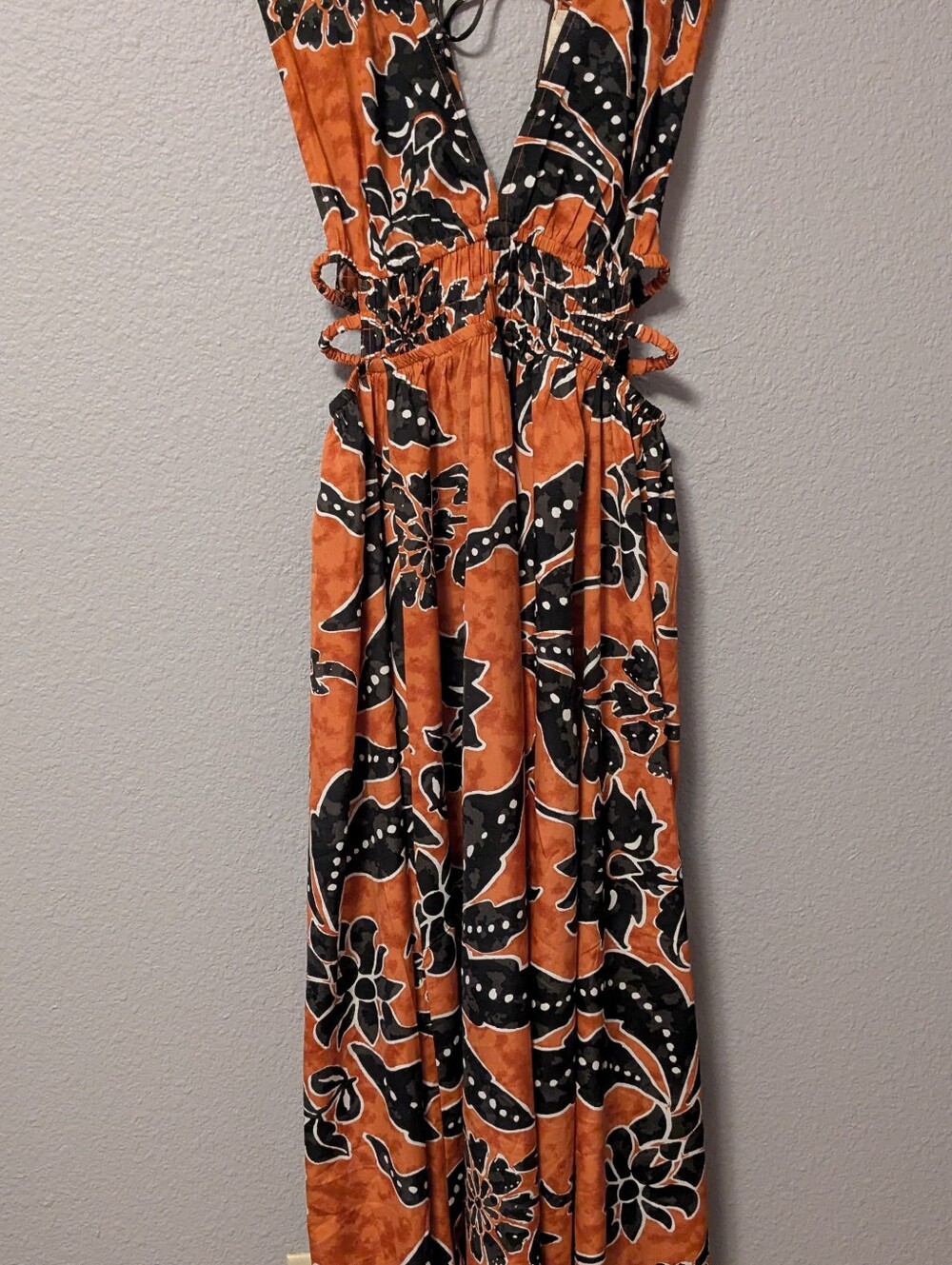 Indulge Rust and Black Floral Deep V Maxi Dress Side Cut Out Sz.XL - Picture 12 of 14